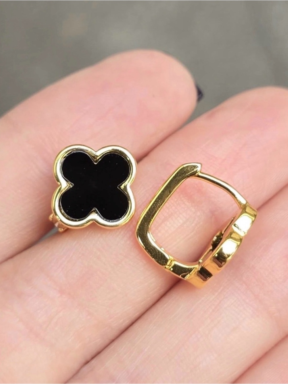 Gold-Tone Black Flower Floral Huggie Earrings